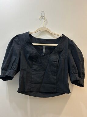 Black Puff Sleeve Scoop-Neck Blouse